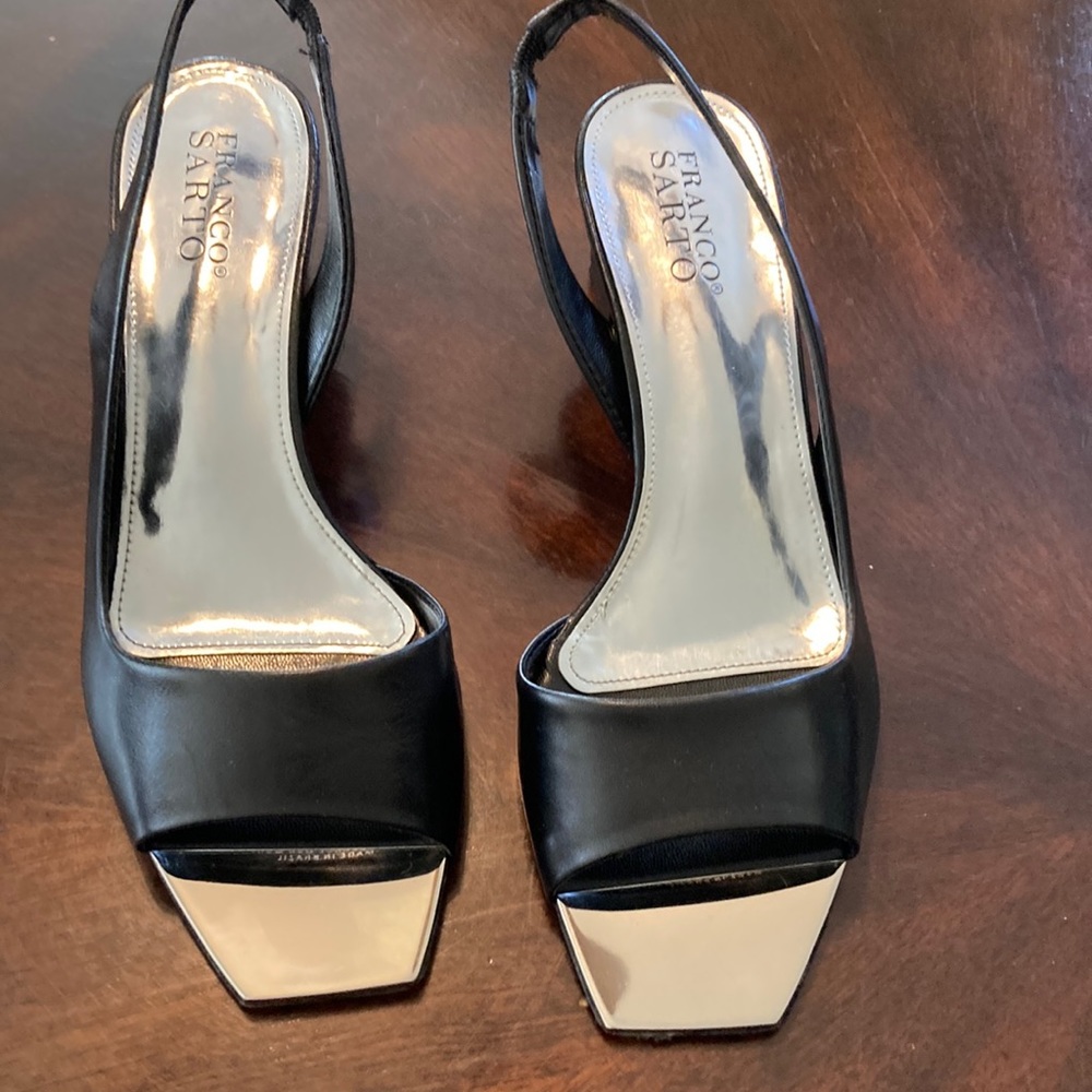 Black leather sling backs.